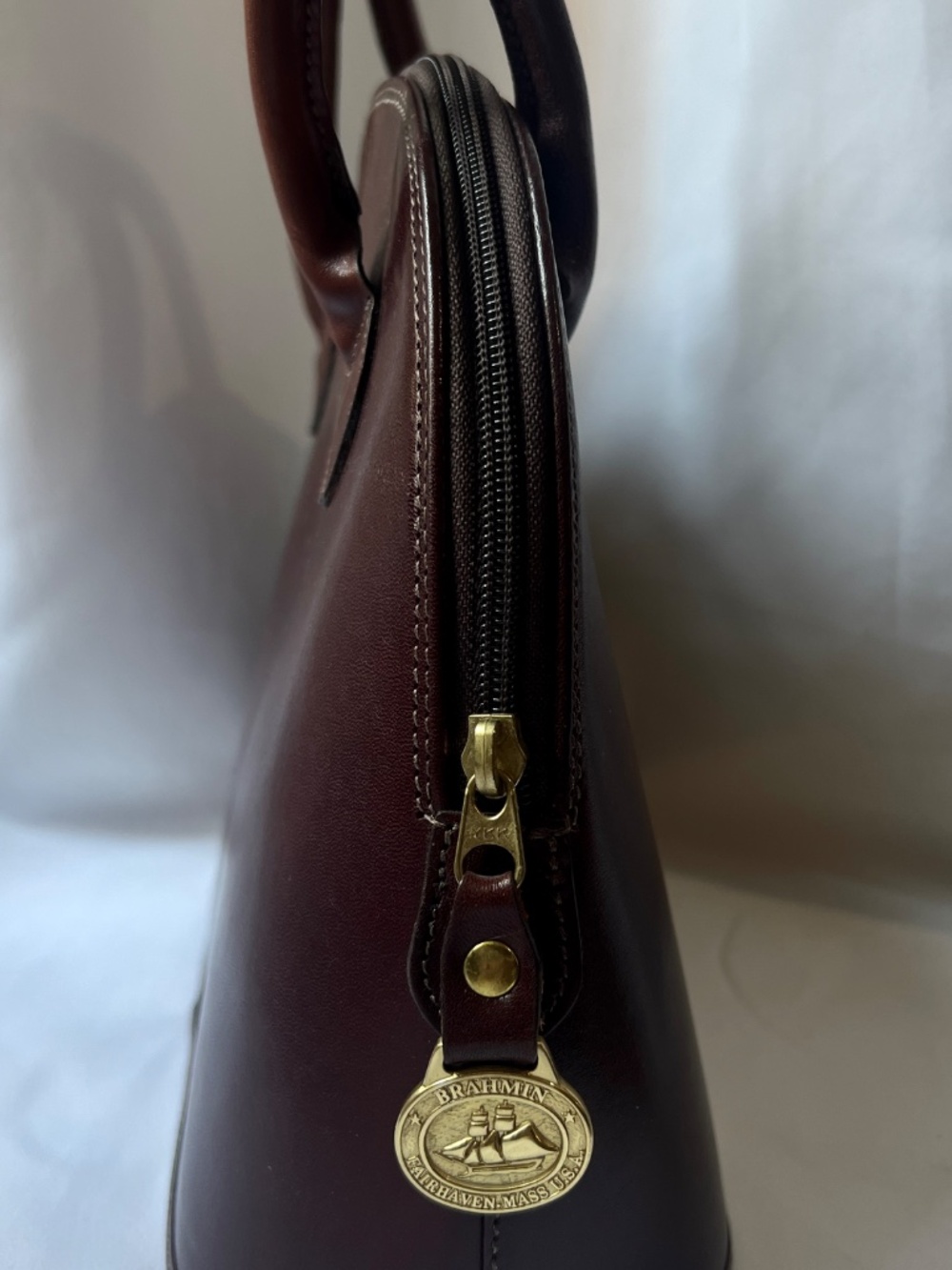 Vintage Made in USA Brahmin Solid Dark Brown Leather Dome Satchel Bag - Picture 2 of 5
